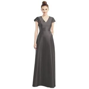 Alfred Sung D779 Cap Sleeve V-Neck Satin Gown with Pockets in Caviar Size 8